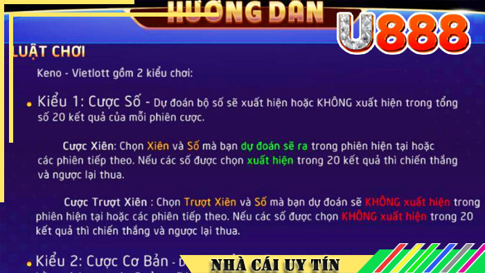 Luật chơi Keno Vietlott tại nhà cái U888